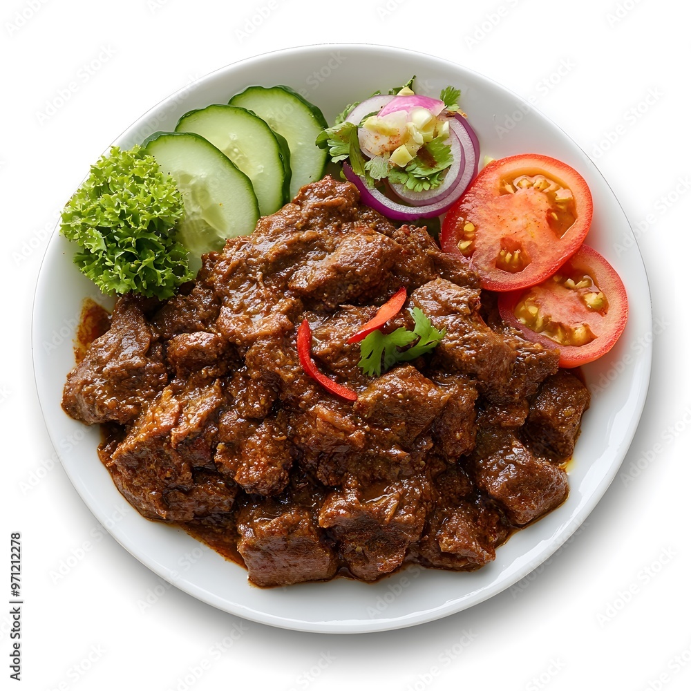 Spicy indian mutton curry with fresh vegetables on a plate Spicy indian mutton curry with fresh vegetables on a plate