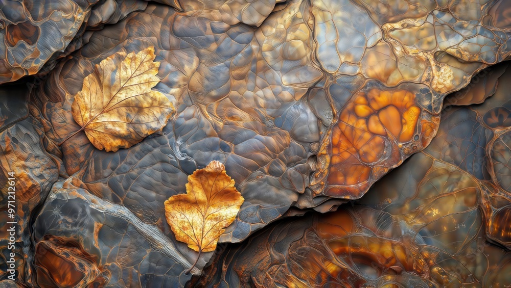 Natural Art. A close-up of colorful, textured rock with dried leaves scattered on top. Natural Art. A close-up of colorful, textured rock with dried leaves scattered on top.