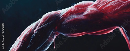 A close-up view of a muscular arm showcasing the intricate details of muscle fibers and anatomy against a dark background.