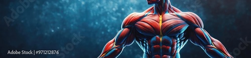 A detailed illustration showcasing human anatomy with vibrant muscle structures in a dramatic pose against a mystical background.