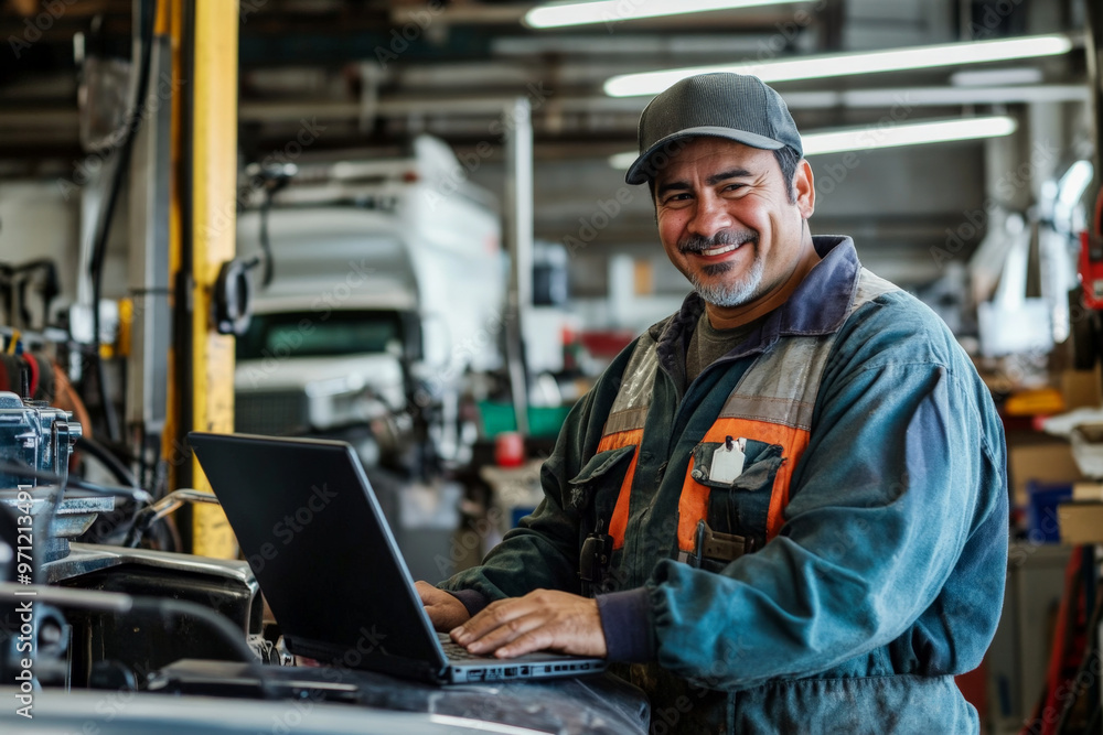 A joyful Hispanic mechanic, in work gear, operates a laptop while standing next to a truck in a bustling repair shop. The background shows a variety of tools, machinery, and a well-lit workshop space. A joyful Hispanic mechanic, in work gear, operates a laptop while standing next to a truck in a bustling repair shop. The background shows a variety of tools, machinery, and a well-lit workshop space.
