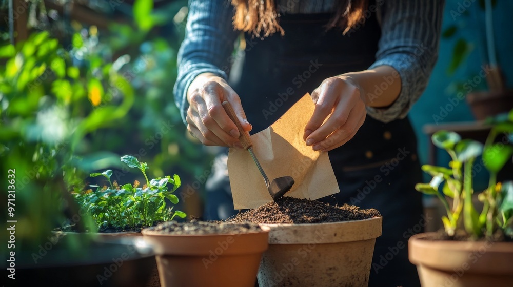 Fototapeta premium Hands planting seeds in pot