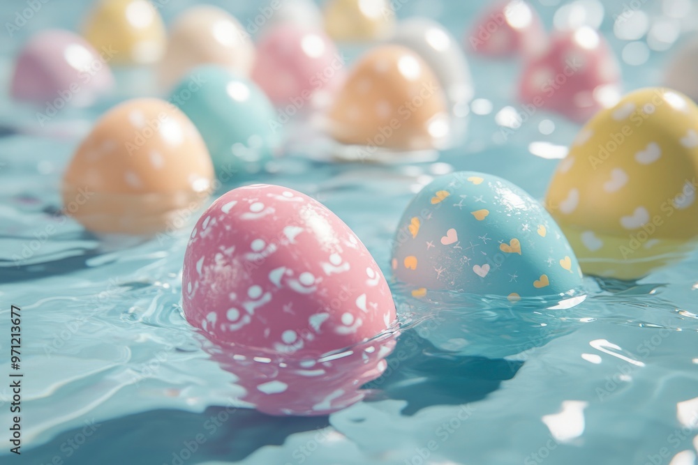 Obraz premium Colorful easter eggs floating in water. 3d render illustration with generative ai