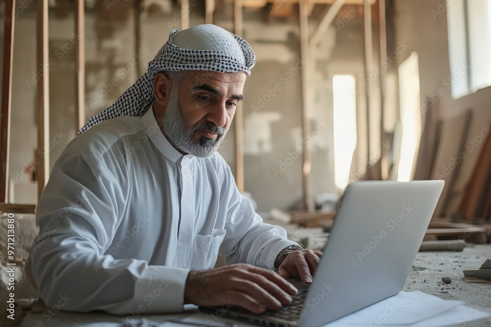 A middle-aged Arabic architect, with a serious expression, uses a laptop while overseeing a home renovation project. The setting includes partially completed rooms, construction tools, and design A middle-aged Arabic architect, with a serious expression, uses a laptop while overseeing a home renovation project. The setting includes partially completed rooms, construction tools, and design