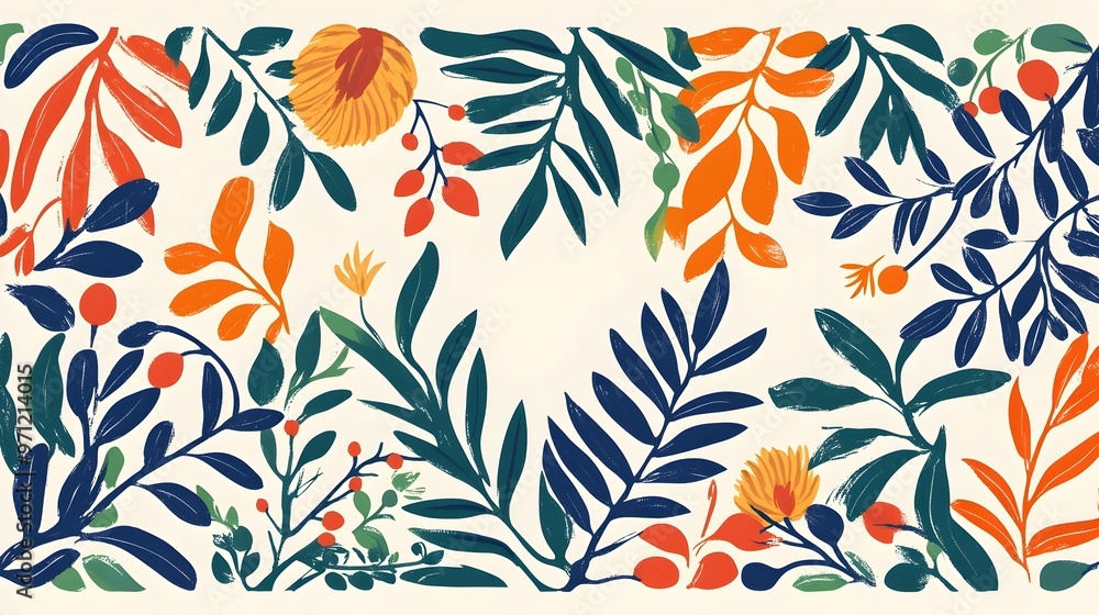 Vibrant Floral Pattern with Lush Leaves and Blossoms Forming Symmetrical Organic Design Vibrant Floral Pattern with Lush Leaves and Blossoms Forming Symmetrical Organic Design
