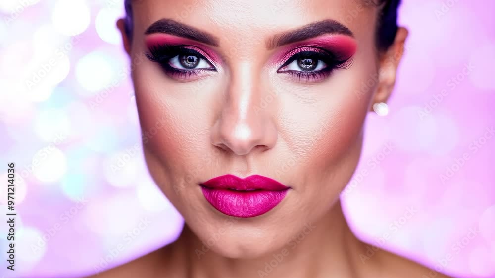 Glamorous woman with bold makeup against sparkling pink background Glamorous woman with bold makeup against sparkling pink background