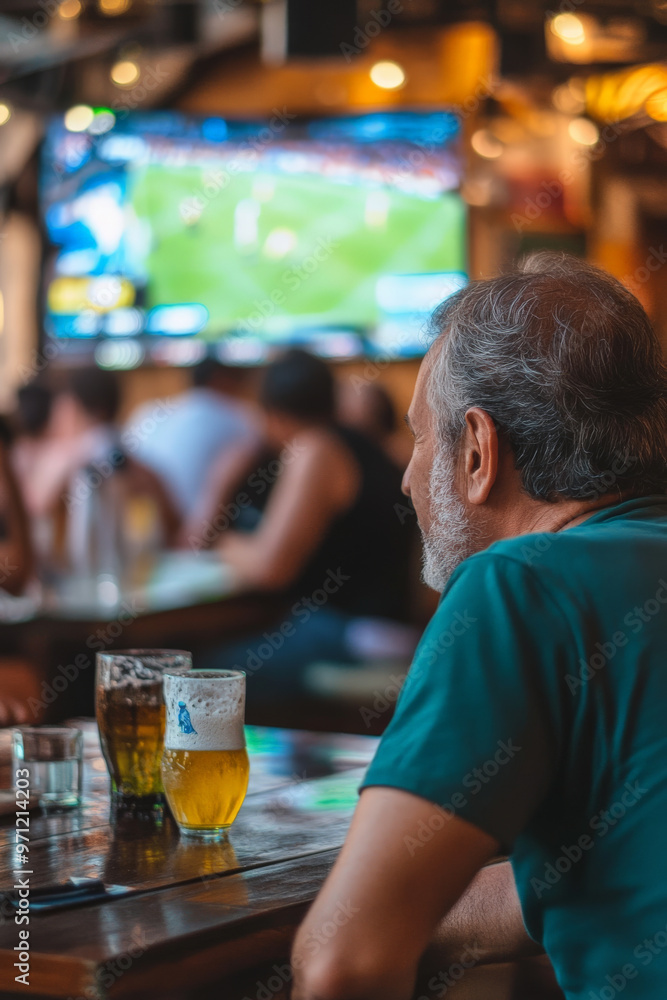 A middle-aged Brazilian sports fan, engrossed in a sports match on TV at a vibrant bar. The setting includes a well-organized bar area, enthusiastic patrons, and a large TV screen showing the game. A middle-aged Brazilian sports fan, engrossed in a sports match on TV at a vibrant bar. The setting includes a well-organized bar area, enthusiastic patrons, and a large TV screen showing the game.