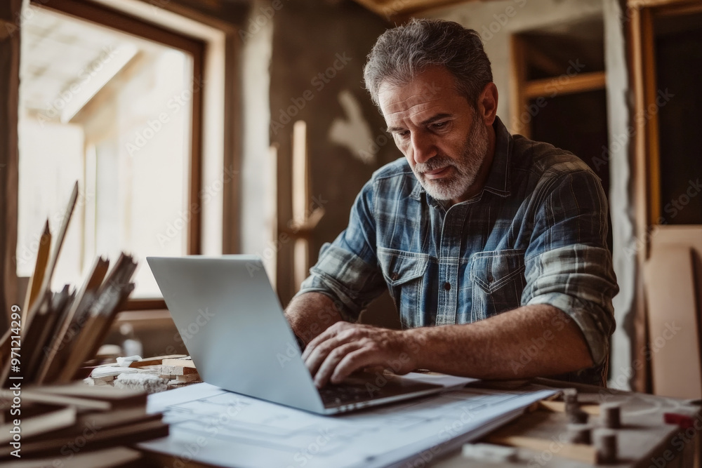 A middle-aged Caucasian architect, focused and engaged, uses a laptop to review blueprints while overseeing a house remodeling project. The setting includes a partially renovated room, construction A middle-aged Caucasian architect, focused and engaged, uses a laptop to review blueprints while overseeing a house remodeling project. The setting includes a partially renovated room, construction