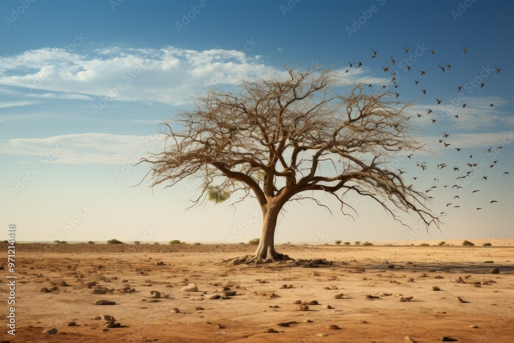 A large tree growing in the middle of an arid desert A large tree growing in the middle of an arid desert