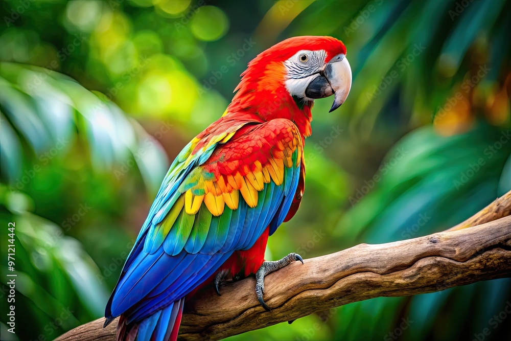 Vibrant, whimsical illustration of a macaw parrot perched on a branch, showcasing its bright plumage, playful expression, and delicate feather details in bold, expressive lines. Vibrant, whimsical illustration of a macaw parrot perched on a branch, showcasing its bright plumage, playful expression, and delicate feather details in bold, expressive lines.