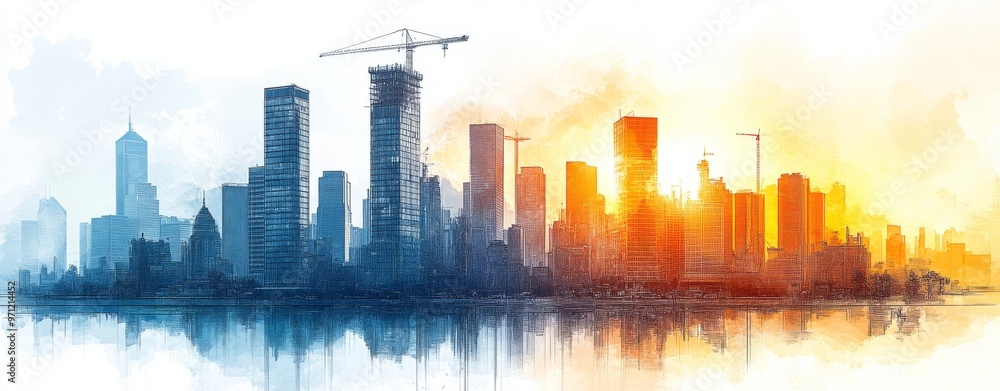 Fototapeta premium Sunrise Over a Bustling City Skyline Under Construction With Cranes Background