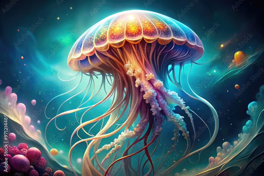 Vibrant, whimsical illustration of a majestic jellyfish with intricate tentacles and translucent body, set against a soft, gradient blue background with subtle oceanic textures. Vibrant, whimsical illustration of a majestic jellyfish with intricate tentacles and translucent body, set against a soft, gradient blue background with subtle oceanic textures.