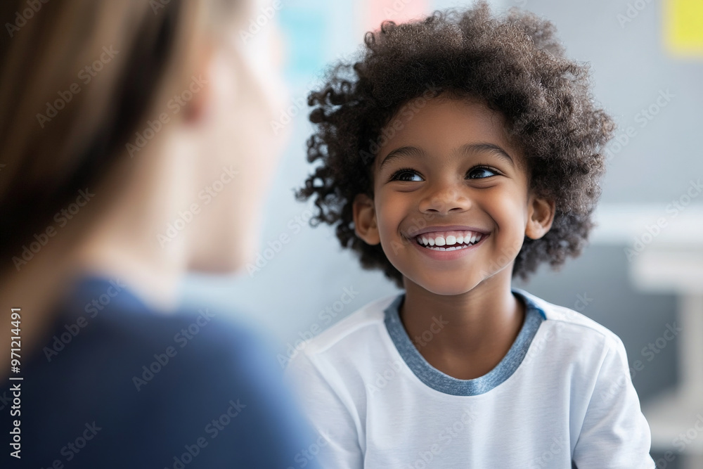 A smiling Black child, relaxed during a medical check-up, sits on the examination table as the doctor listens to their lungs. The office is bright and colorful, filled with comforting details to A smiling Black child, relaxed during a medical check-up, sits on the examination table as the doctor listens to their lungs. The office is bright and colorful, filled with comforting details to