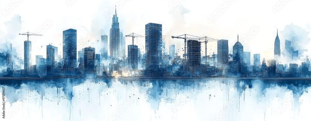 Fototapeta premium Sunrise Over a Bustling City Skyline Under Construction With Cranes Background