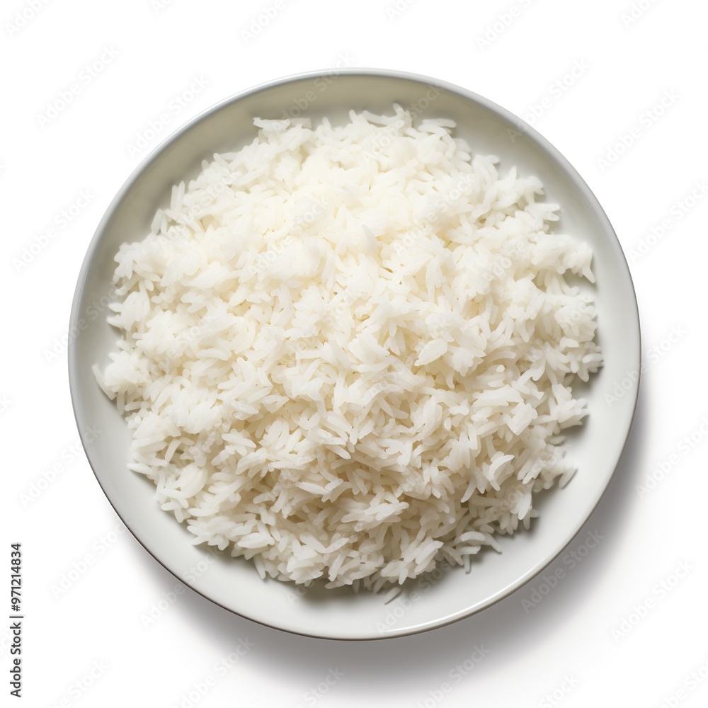 White rice on a white bowl top view isolated on a white background White rice on a white bowl top view isolated on a white background