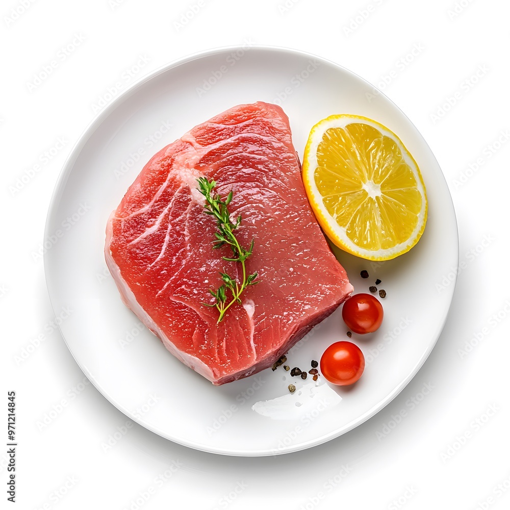Fresh raw tuna steak with lemon and cherry tomatoes on white plate Fresh raw tuna steak with lemon and cherry tomatoes on white plate