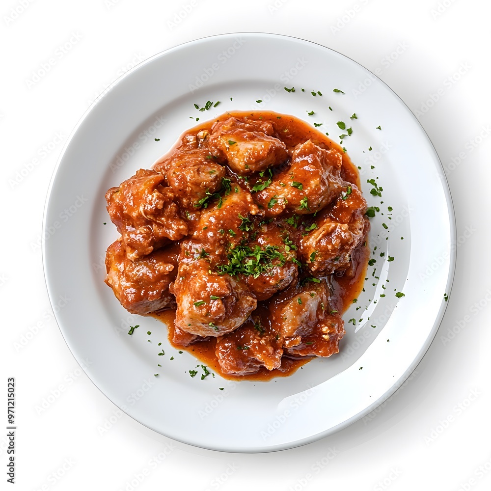 Delicious braised beef with rich tomato sauce and fresh parsley garnish on white plate Delicious braised beef with rich tomato sauce and fresh parsley garnish on white plate