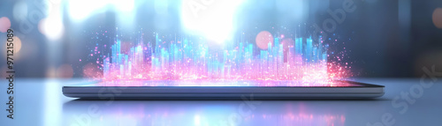 Tablet with Holographic Profit Indicators: Innovative Digital Device Showcasing Floating Profit Metrics on Glossy Background for Financial Technology Concepts