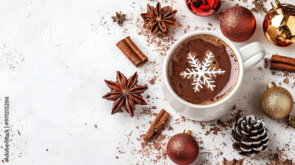 Christmas cacao in white mug with Christmas decorations on a light background. Merry Christmas greeting card. Top view