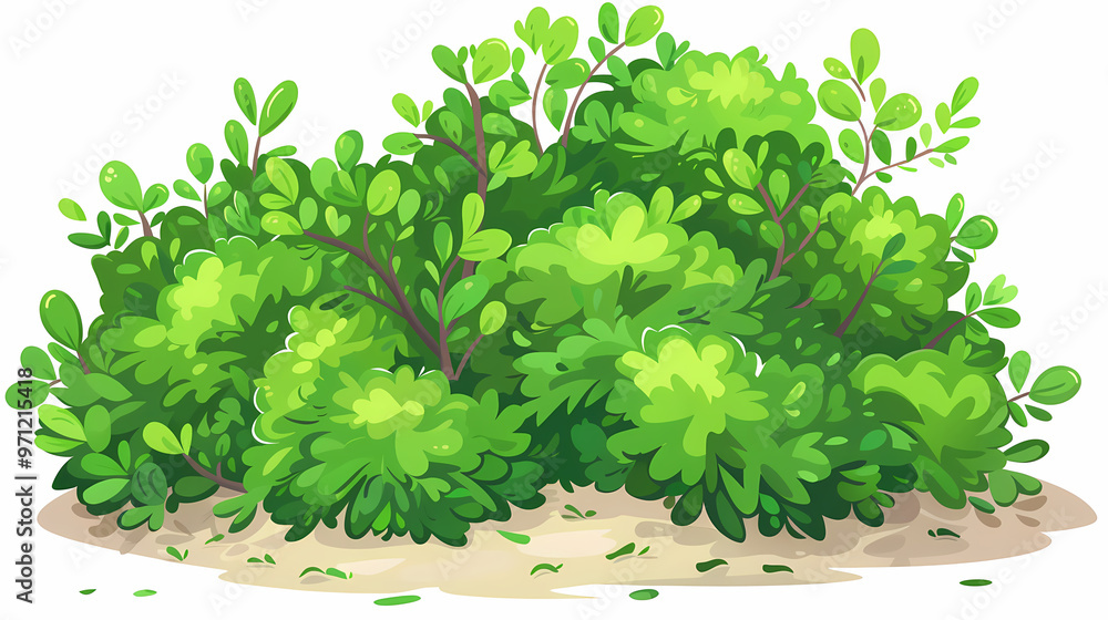 Obraz premium Cute green bush from the forest cartoon, isolated nature object for kids design. Branches and leaves of a fluffy bush isolated on a white background. Vector hand drawn illustration in paper cute style