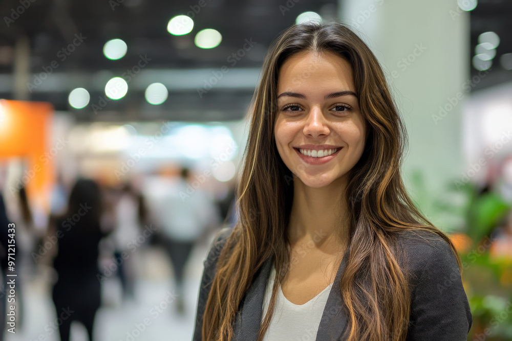 A young Brazilian businesswoman, with an enthusiastic expression, looks at the camera at a conference in a convention center. The background shows a bustling event hall, with exhibitors, attendees, A young Brazilian businesswoman, with an enthusiastic expression, looks at the camera at a conference in a convention center. The background shows a bustling event hall, with exhibitors, attendees,