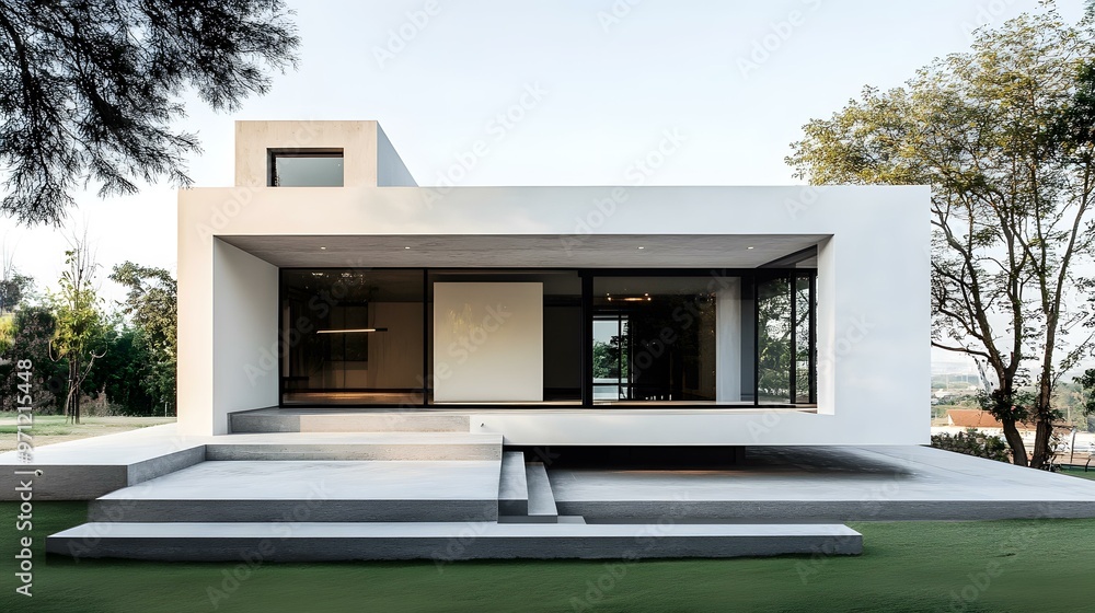 Modern Minimalist White House with Large Windows and Concrete Steps Modern Minimalist White House with Large Windows and Concrete Steps