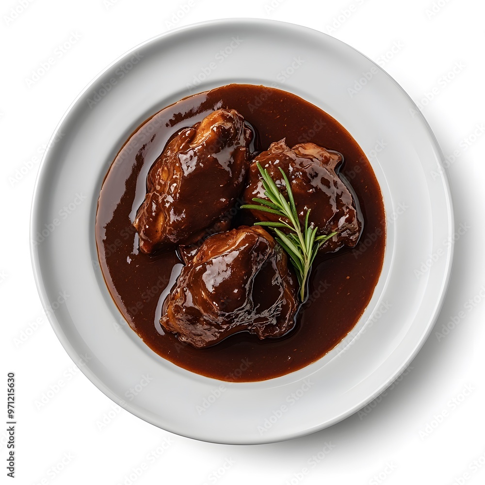 Delicious braised beef in rich gravy garnished with fresh rosemary on white plate Delicious braised beef in rich gravy garnished with fresh rosemary on white plate
