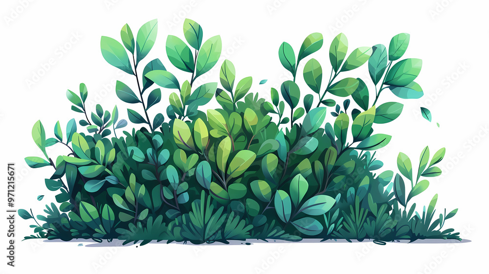 Cute green bush from the forest cartoon, isolated nature object for kids design. Branches and leaves of a fluffy bush isolated on a white background. Vector hand drawn illustration in paper cute style Cute green bush from the forest cartoon, isolated nature object for kids design. Branches and leaves of a fluffy bush isolated on a white background. Vector hand drawn illustration in paper cute style