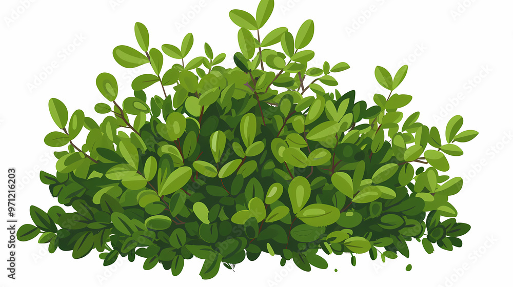 Cute green bush from the forest cartoon, isolated nature object for kids design. Branches and leaves of a fluffy bush isolated on a white background. Vector hand drawn illustration in paper cute style Cute green bush from the forest cartoon, isolated nature object for kids design. Branches and leaves of a fluffy bush isolated on a white background. Vector hand drawn illustration in paper cute style