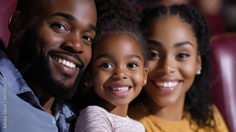 An African American family, with the parents smiling warmly at their daughter, who is sitting between them as they watch a movie in a cinema. The daughter's eyes are wide with excitement. An African American family, with the parents smiling warmly at their daughter, who is sitting between them as they watch a movie in a cinema. The daughter's eyes are wide with excitement.