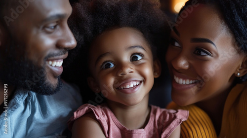 An African American family, with the parents smiling warmly at their daughter, who is sitting between them as they watch a movie in a cinema. The daughter's eyes are wide with excitement. photo