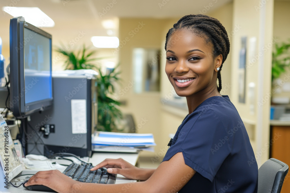 An African American nurse, with a pleasant smile, answering a phone call at the hospital reception desk. She types quickly on a desktop PC, with a tidy and organized workspace surrounding her. An African American nurse, with a pleasant smile, answering a phone call at the hospital reception desk. She types quickly on a desktop PC, with a tidy and organized workspace surrounding her.