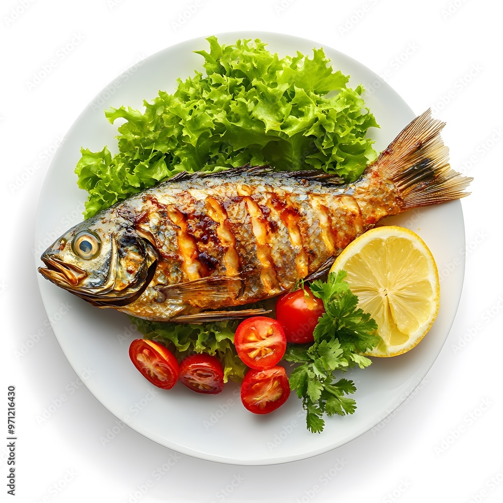 Grilled fish with fresh vegetables and lemon on white plate Grilled fish with fresh vegetables and lemon on white plate