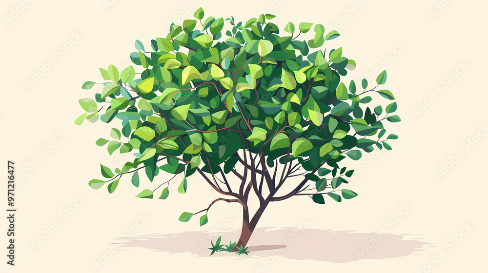 Fototapeta premium Cute green bush from the forest cartoon, isolated nature object for kids design. Branches and leaves of a fluffy bush isolated on a white background. Vector hand drawn illustration in paper cute style