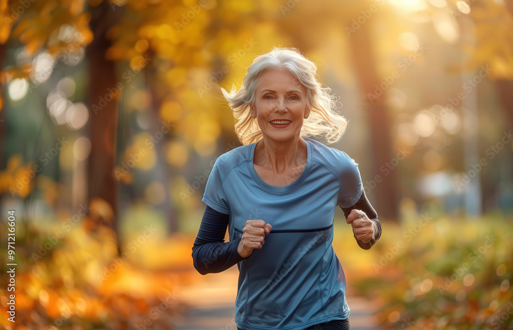 Old women run on the racetrack of a modern city park. Outdoor sports, training. Outdoor activity.