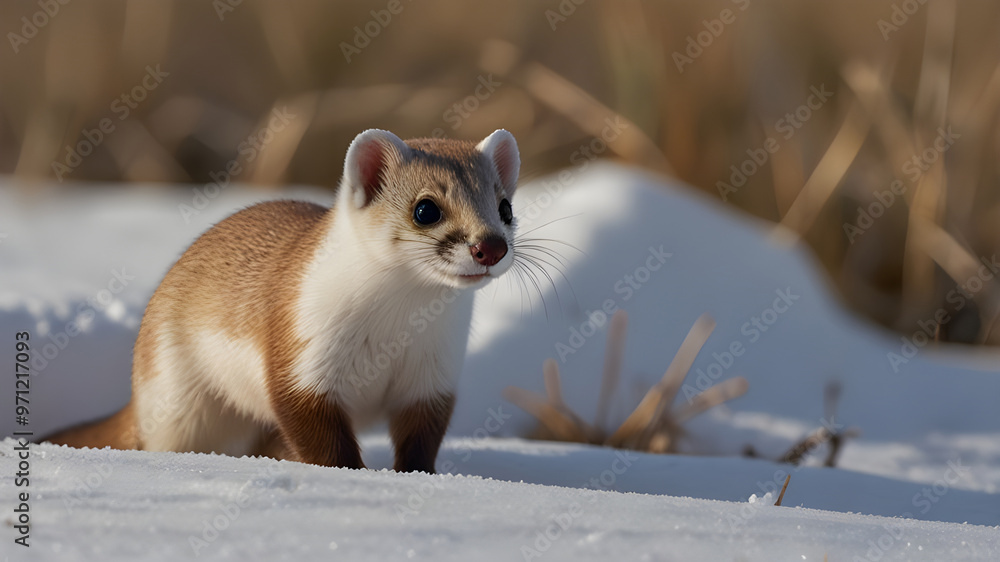 Fototapeta premium A short-tailed weasel pops its head out from the snow while hunting for food during winter 