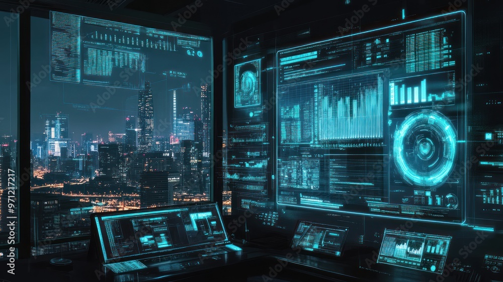 Futuristic office with high-tech screens displaying data and city views at night. Futuristic office with high-tech screens displaying data and city views at night.