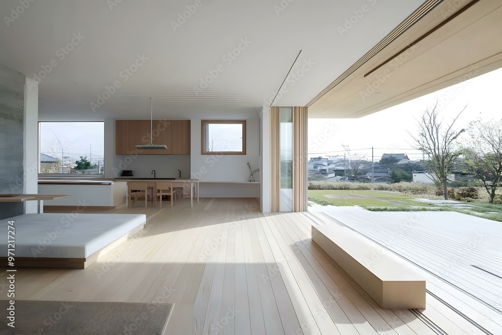 Fototapeta premium Modern Japanese Minimalist Home Interior Design With Wooden Floor and Sliding Doors