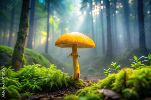 Vibrant yellow bulbous mushroom with rounded cap and short stem grows amongst lush green foliage in a misty forest, emitting an ethereal, mystical ambiance. photo