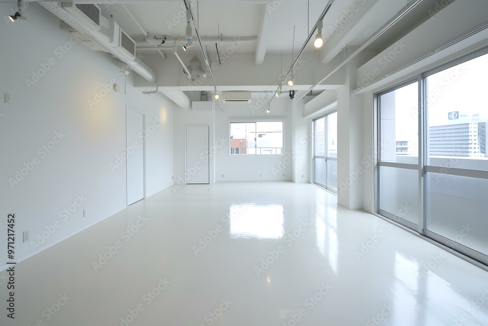 Fototapeta premium Empty White Room with Windows and City View
