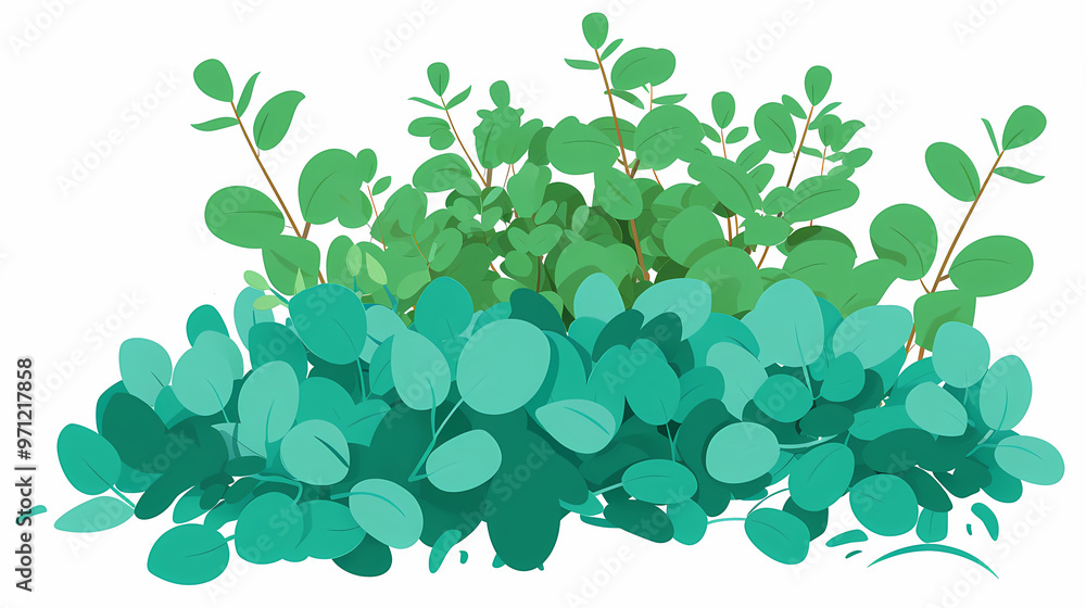 Cute green bush from the forest cartoon, isolated nature object for kids design. Branches and leaves of a fluffy bush isolated on a white background. Vector hand drawn illustration in paper cute style Cute green bush from the forest cartoon, isolated nature object for kids design. Branches and leaves of a fluffy bush isolated on a white background. Vector hand drawn illustration in paper cute style