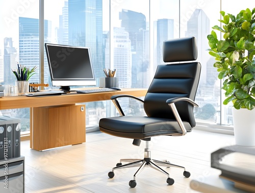 Modern Office Desk with City View and Black Leather Chair.