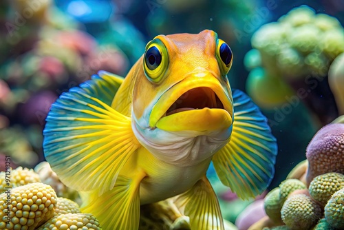 Vibrant yellow-headed jawfish swims near coral reef, showcasing its bright yellow head, striped body, and impressive jaws in the crystal-clear waters of the ocean. photo