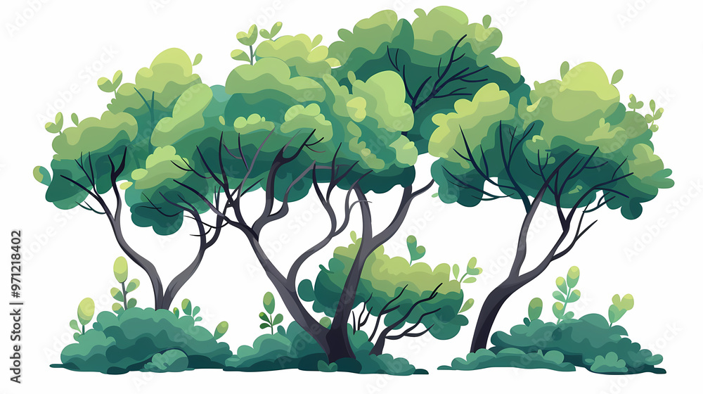 Fototapeta premium Cute green bush from the forest cartoon, isolated nature object for kids design. Branches and leaves of a fluffy bush isolated on a white background. Vector hand drawn illustration in paper cute style