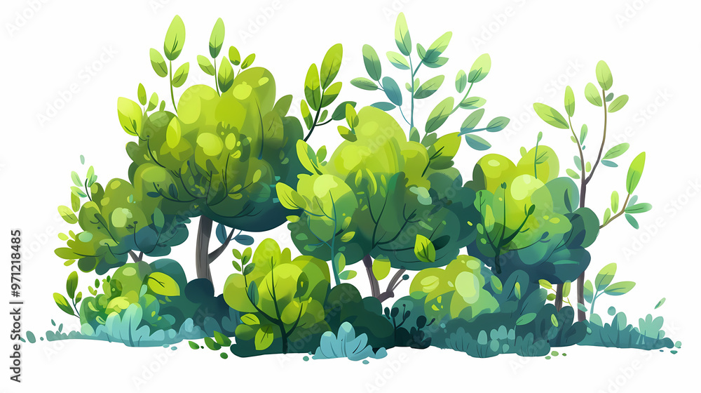 Cute green bush from the forest cartoon, isolated nature object for kids design. Branches and leaves of a fluffy bush isolated on a white background. Vector hand drawn illustration in paper cute style Cute green bush from the forest cartoon, isolated nature object for kids design. Branches and leaves of a fluffy bush isolated on a white background. Vector hand drawn illustration in paper cute style