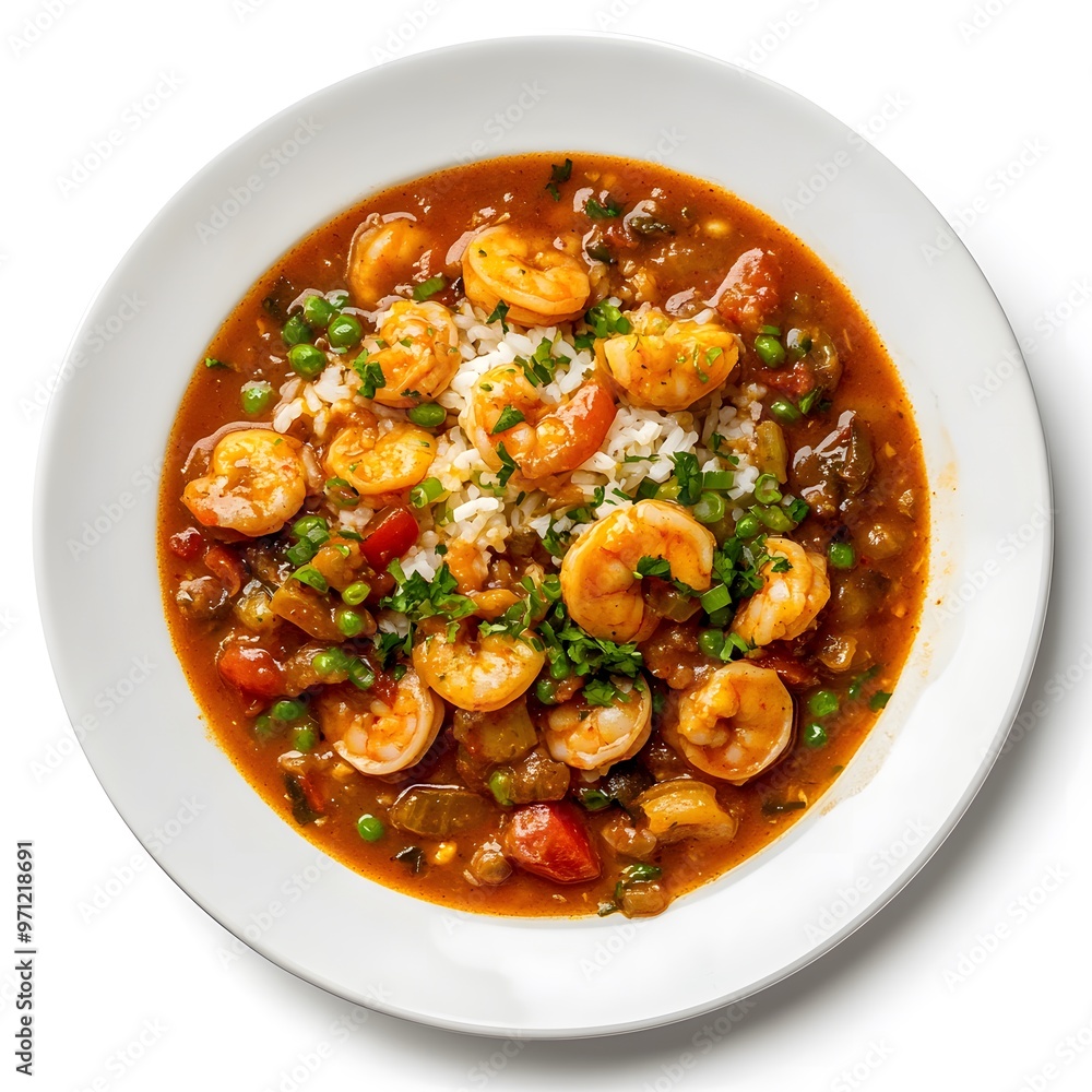 Delicious shrimp creole with rice and vegetables in a white bowl
