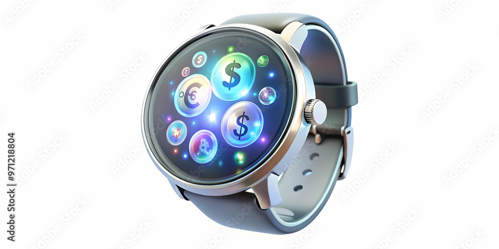 3D Smartwatch with Holographic Dollar & Euro Signs - Minimalist Financial Concept Icon Isolated on White Background 3D Smartwatch with Holographic Dollar & Euro Signs - Minimalist Financial Concept Icon Isolated on White Background