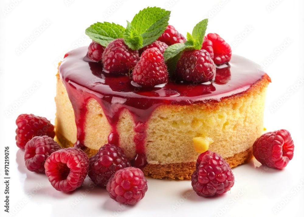 Raspberry cake, often served with a raspberry sauce., isolated on white Background': Raspberry cake, often served with a raspberry sauce., isolated on white Background':