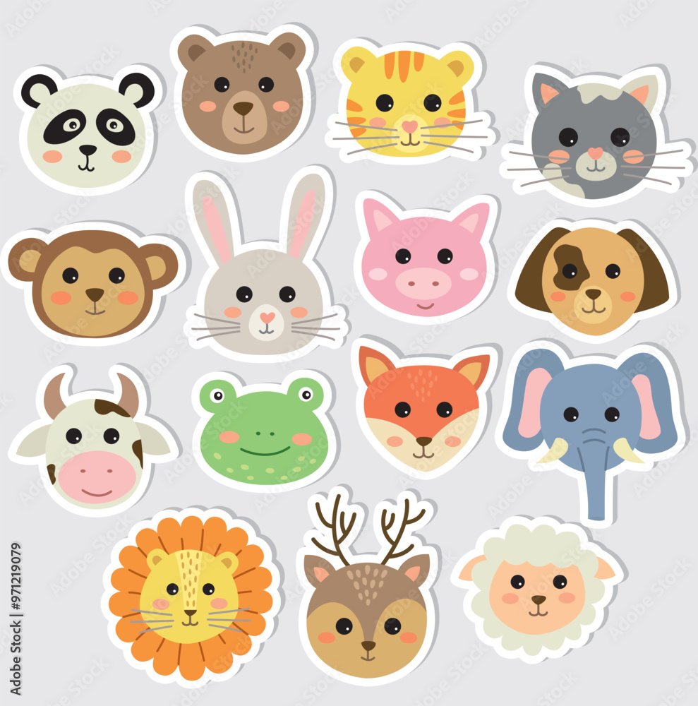 Set of stickers with face animals. Hand drawn vector illustration of cute characters Set of stickers with face animals. Hand drawn vector illustration of cute characters