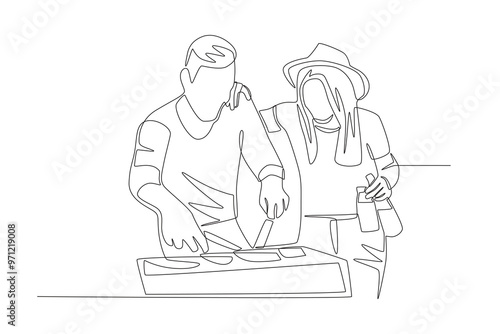 Two couples having a barbeque. Barbequing with friends or family concept one-line drawing